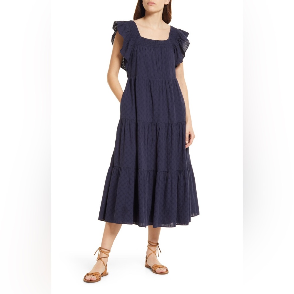Madewell Juniper Berry Ruffle-Sleeve Tiered Midi Dress in Textured Check NWT